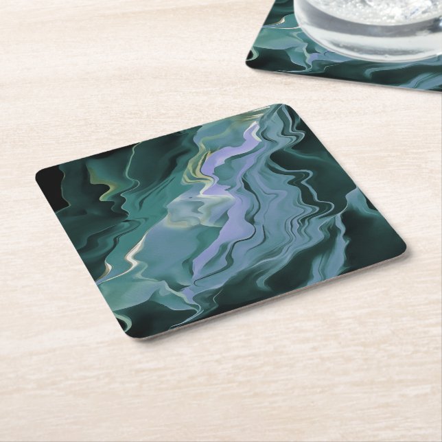 Blue Turbulence Acrylic Pour Abstract Art Square Paper Coaster (Angled)