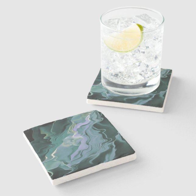 Blue Turbulence Acrylic Pour Abstract Art Stone Coaster (Side)