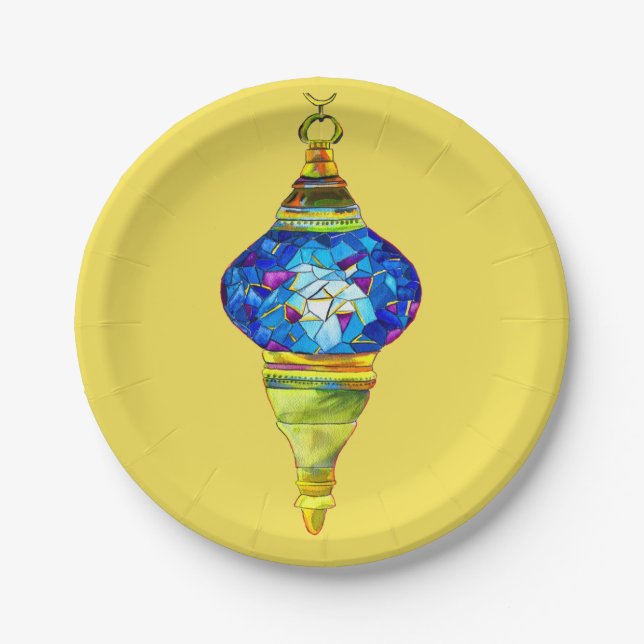 Blue Turkish Lamps mosaic art watercolor Paper Plate (Front)