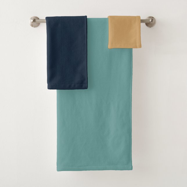  Blue, turquoise and Gold Solids combo Bath Towel Set (Insitu)