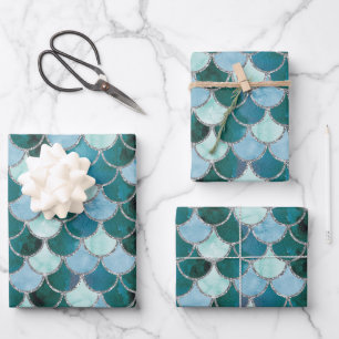 Blue, turquoise and Silver Mermaid Scales   Wrapping Paper Sheet