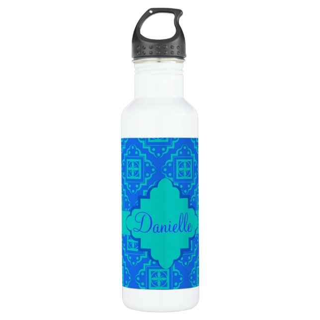 Blue & Turquoise Aqua Arabesque Moroccan 710 Ml Water Bottle (Front)