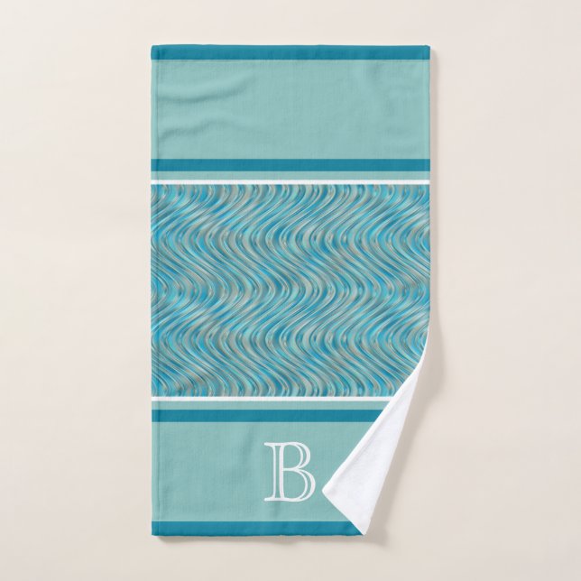 Blue Turquoise Aqua Taupe Curved Lines Art Pattern Bath Towel Set (Hand Towel)