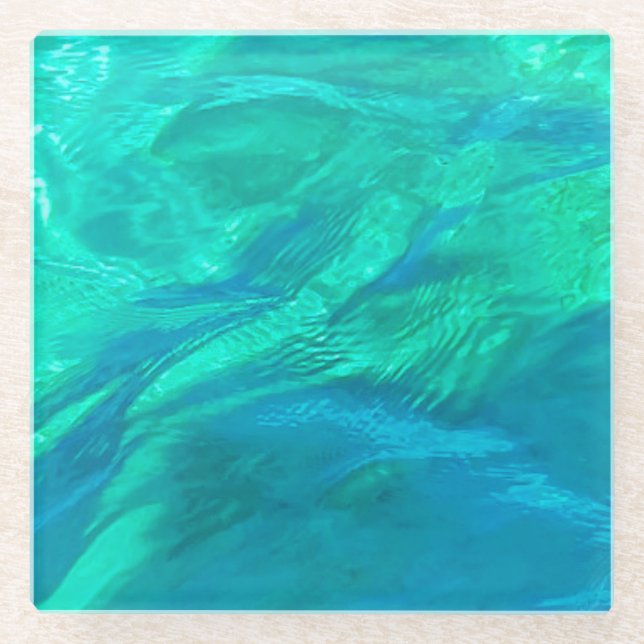 Blue, Turquoise & Aqua Waves Glass Coaster (Front)