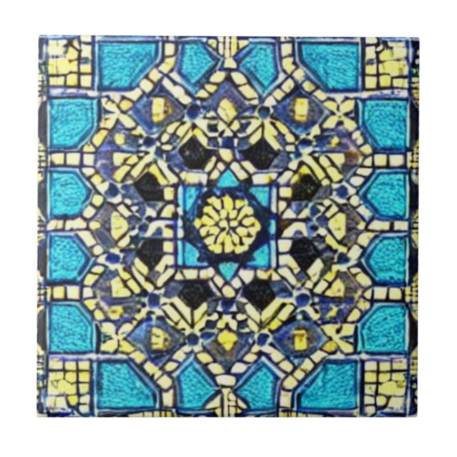 Blue turquoise aqua yellow navy moroccan mosaic tile (Front)