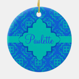 Blue & Turquoise Arabesque Moroccan Graphic Ceramic Tree Decoration