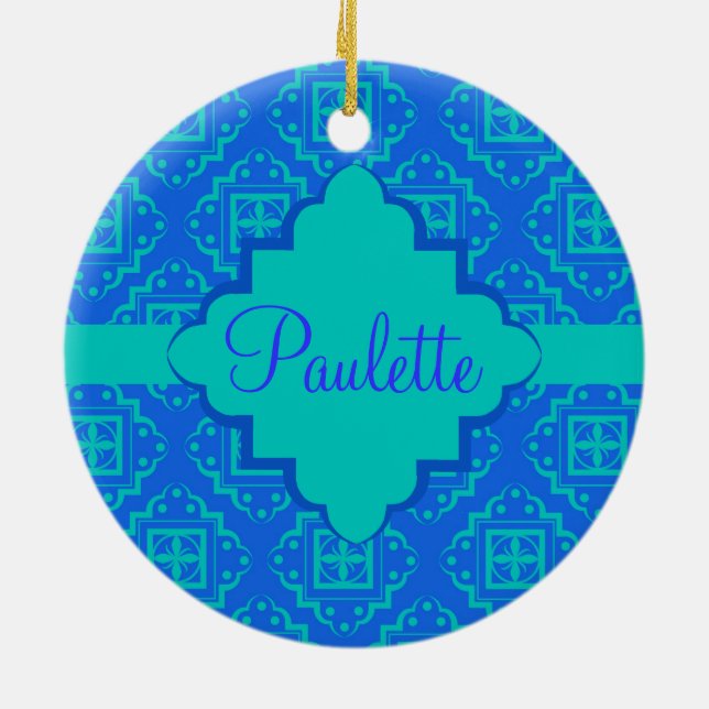 Blue & Turquoise Arabesque Moroccan Graphic Ceramic Tree Decoration (Back)