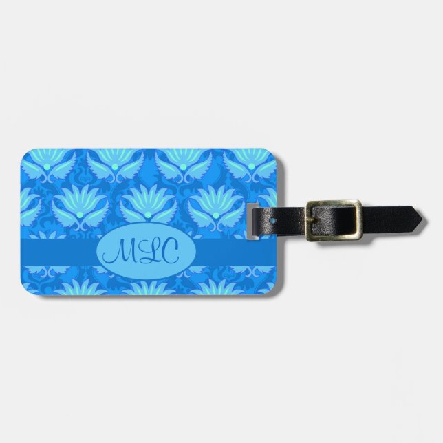 Blue Turquoise Art Nouveau Damask Monogram Luggage Tag (Front Horizontal)