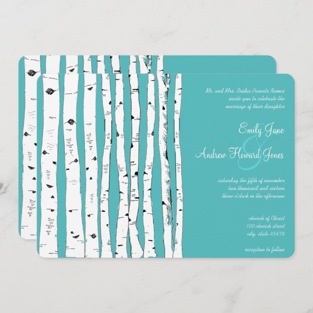 Blue Turquoise Birch Tree Wedding Invitations (Front/Back)
