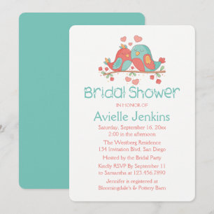 Blue Turquoise Bridal Shower Lovebirds Wedding Invitation