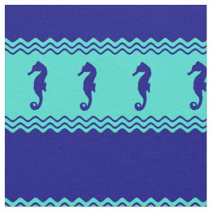 Blue Turquoise Coastal Seahorses Stripes Fabric
