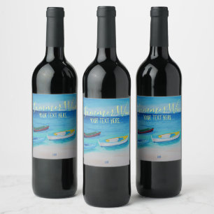 Blue, Turquoise Drifting Boats Wine Label