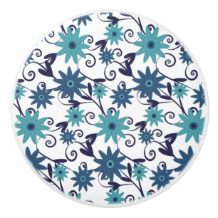 Blue Turquoise Floral Swirl Pattern Ceramic Knob