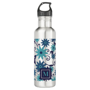 Blue Turquoise Flowers Monogram   710 Ml Water Bottle