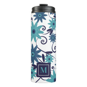 Blue Turquoise Flowers Monogram   Thermal Tumbler