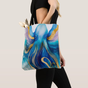 Blue Turquoise Gold Octopus Tote Bag