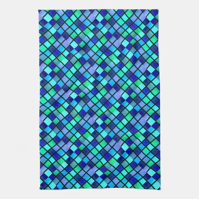 Blue Turquoise Green Purple Stained Glass Art Tea Towel (Vertical)