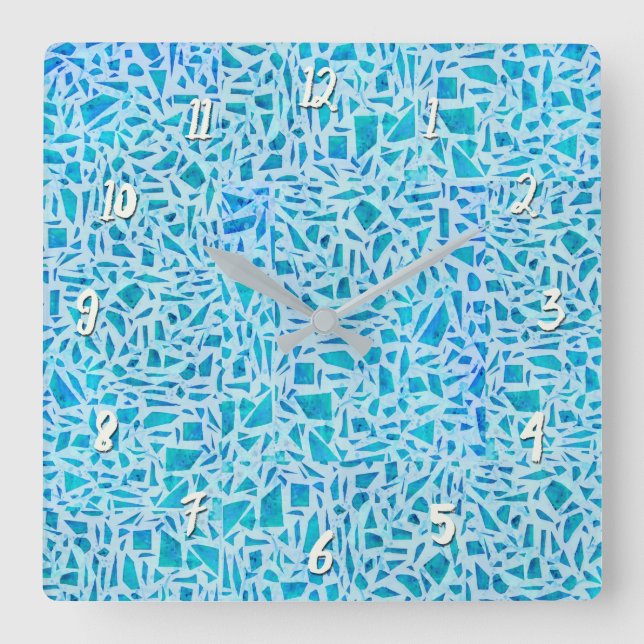 Blue Turquoise Mosaic Glass Tile Modern Chic Square Wall Clock (Front)