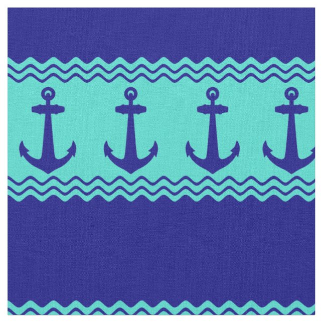 Blue Turquoise Nautical Anchor Coastal Stripes Fabric (Close Up)