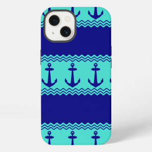 Blue Turquoise Nautical Anchor Coastal Stripes iPhone 13 Case
