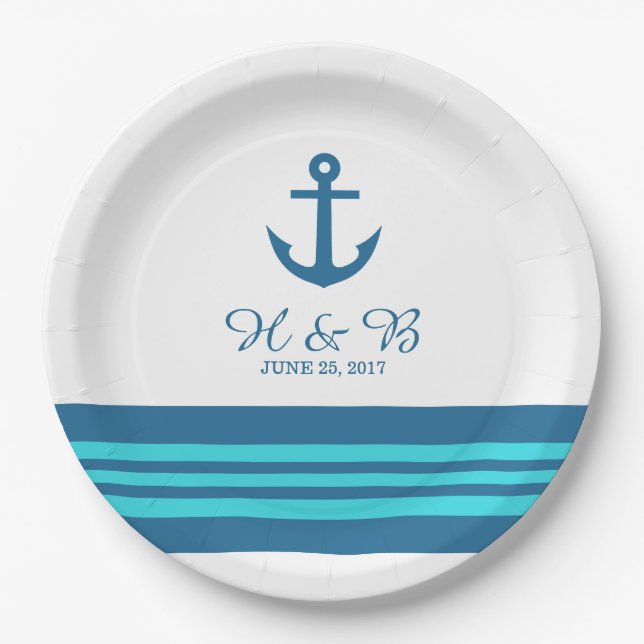 Blue Turquoise Nautical Anchor Paper Plates (Front)
