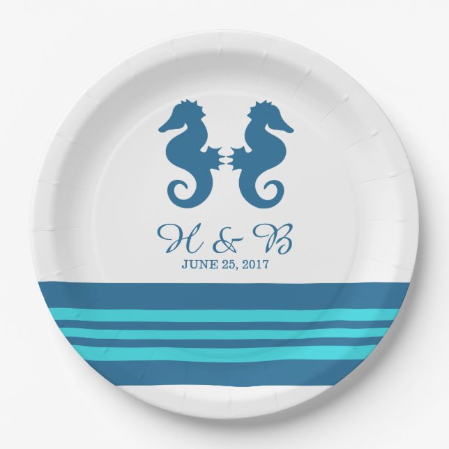 Blue Turquoise Nautical Seahorse Paper Plates (Front)