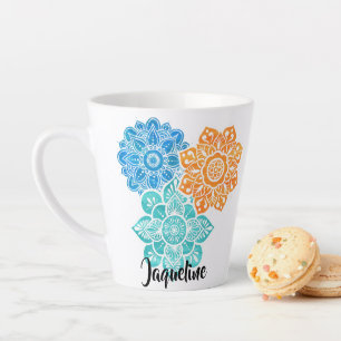 Blue Turquoise Orange Colorful Floral Mandalas Latte Mug