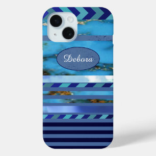blue turquoise pattern of stripes & name iPhone 15 case