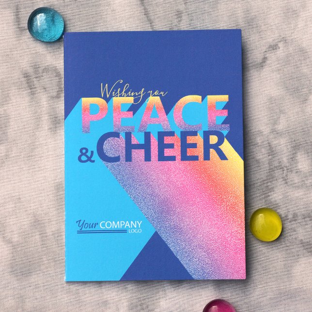 Blue, Turquoise, Pink Word Art Holiday Card (Modern Unique Blue, Pink, Turquoise Company Christmas Holiday Card with Business Logo)