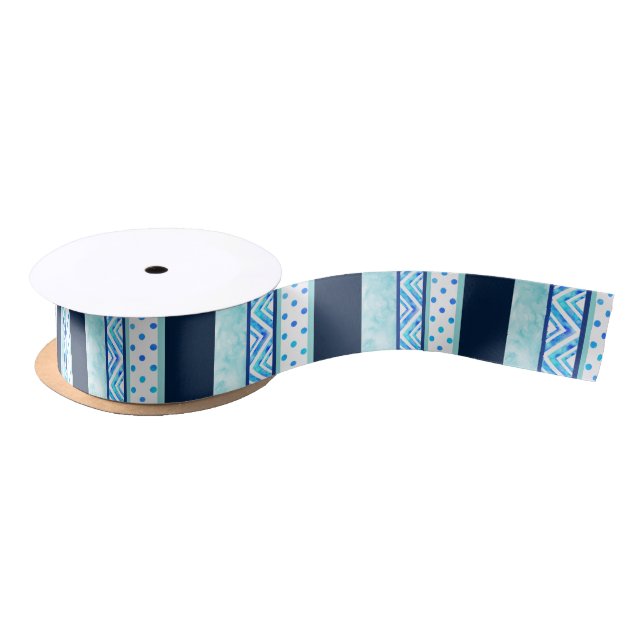 Blue Turquoise Polka Dot Geometric Stripes Satin Ribbon (Spool)