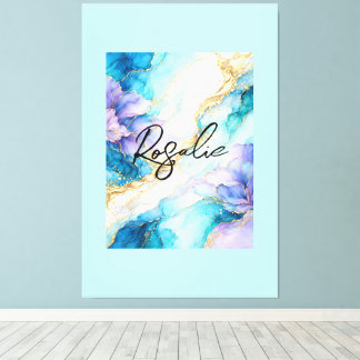 Blue Turquoise Purple Gold Abstract Floral Marble Canvas Print