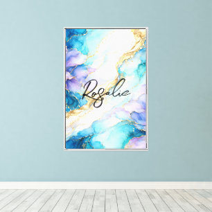 Blue Turquoise Purple Gold Abstract Floral Marble Canvas Print