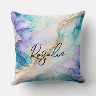 Blue Turquoise Purple Gold Abstract Floral Marble Cushion