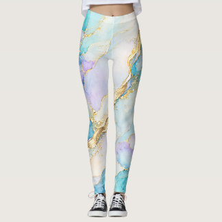 Blue Turquoise Purple Gold Abstract Floral Marble Leggings