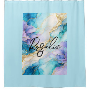 Blue Turquoise Purple Gold Abstract Floral Marble Shower Curtain