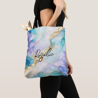 Blue Turquoise Purple Gold Abstract Floral Marble Tote Bag