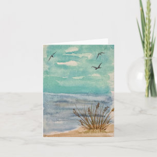 Blue turquoise sandy beach - birds in clouds card