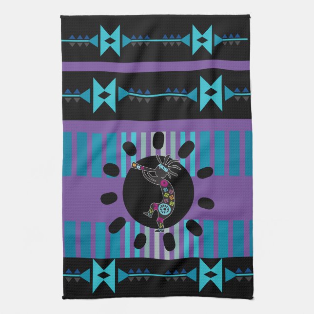 Blue Turquoise Southwestern Kokopelli Tea Towel (Vertical)