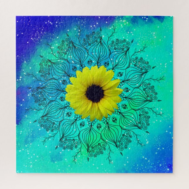 Blue turquoise starry galaxy mandala and sunflower jigsaw puzzle (Vertical)