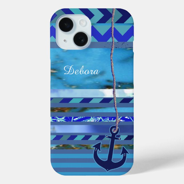 blue turquoise Stripes, Anchor and Name Case-Mate iPhone Case (Back)