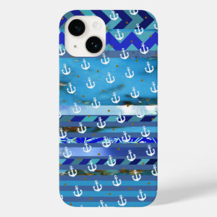 blue turquoise stripes & anchor pattern Case-Mate iPhone 14 case