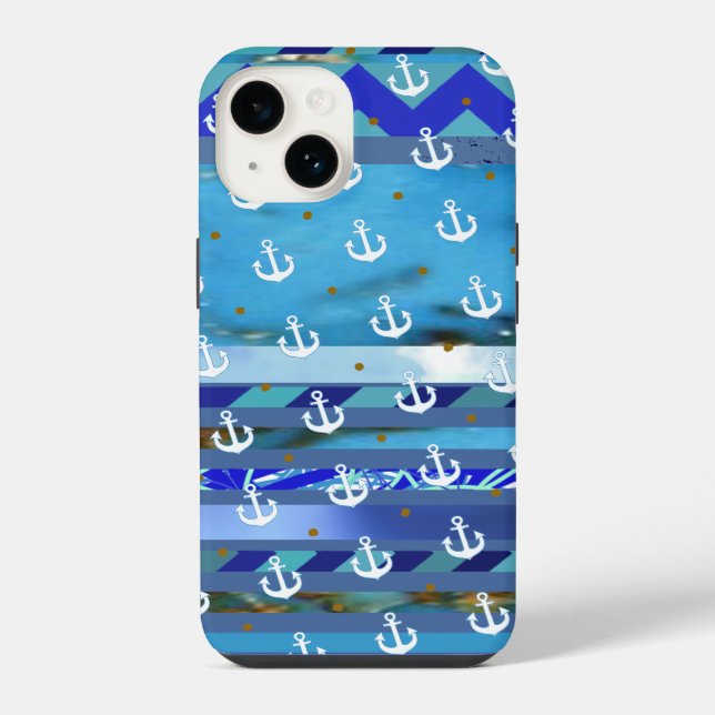 blue turquoise stripes & anchor pattern iPhone case (Back)