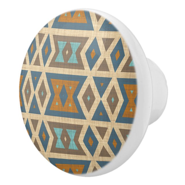 Blue Turquoise Teal Orange Tan Brown Tribal Art Ceramic Knob (Right)