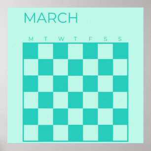 Blue Turquoise Undated Chequered March Calendar Poster