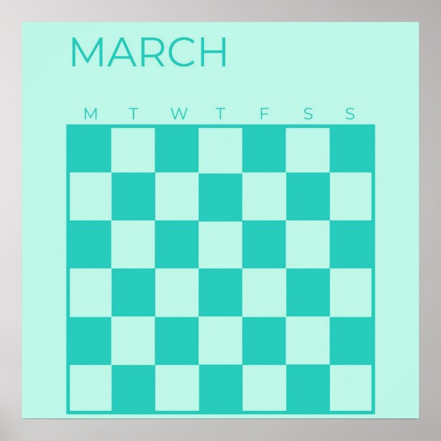 Blue Turquoise Undated Chequered March Calendar Poster (Front)