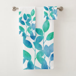 Blue Turquoise Watercolor Leaves Bath Towel Set
