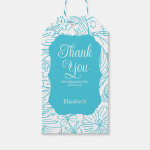 Blue Turquoise White Flora Girl Birthday Thank You Gift Tags
