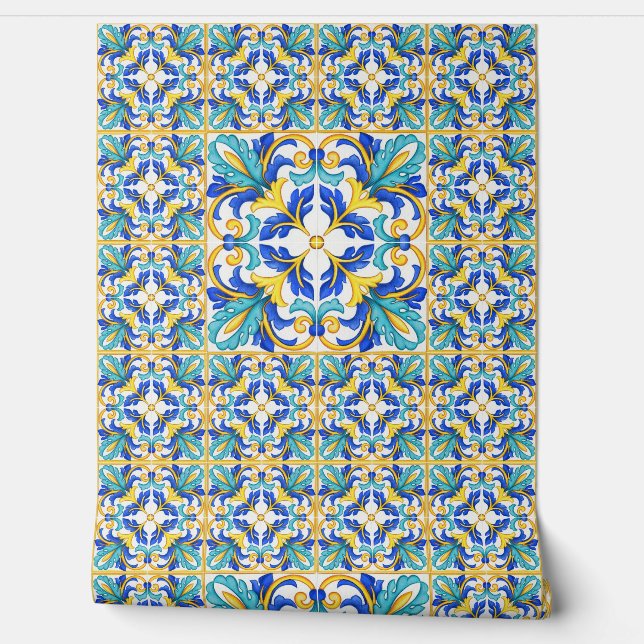 Blue Turquoise Yellow Mediterranean Tile Wall Deco (Unrolling)