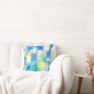 Blue Turquoise Yellow White Modern Abstract Cushion