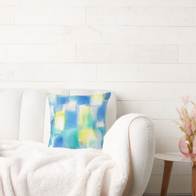 Blue Turquoise Yellow White Modern Abstract Cushion (Couch)